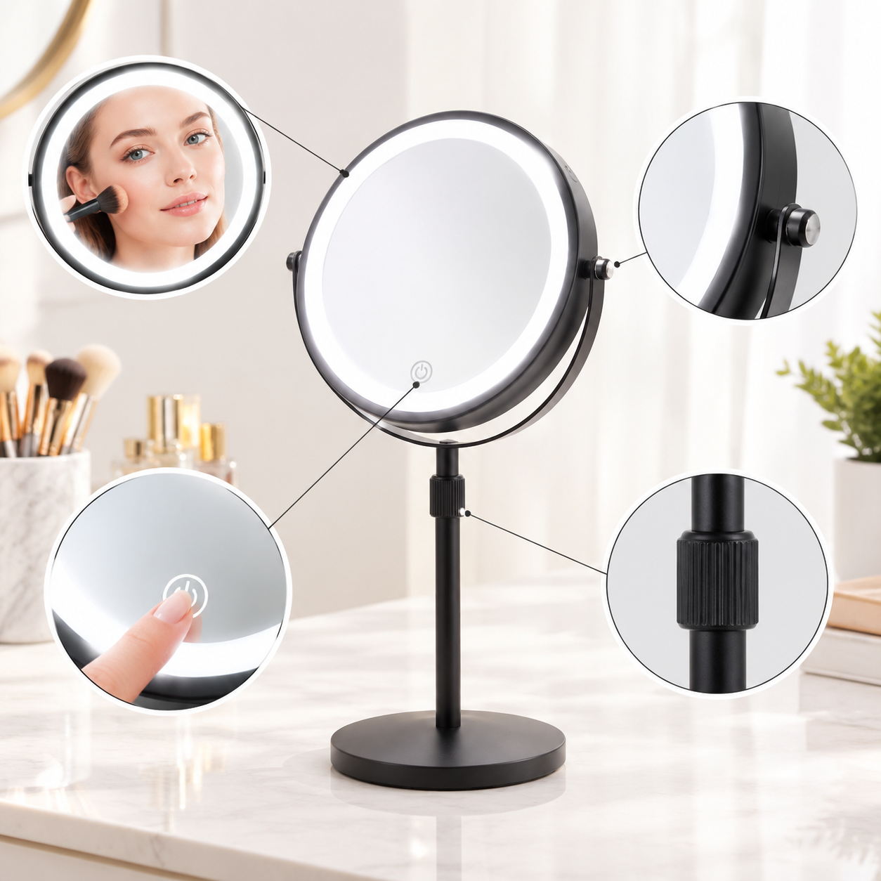 LOTTOWARE 8" Lighted Tabletop Makeup Mirror (Extendable) — product photo 1