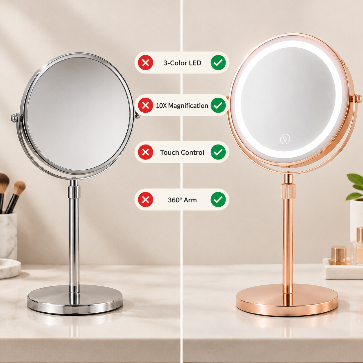 LOTTOWARE 8" Lighted Tabletop Makeup Mirror (Extendable) — product photo 1
