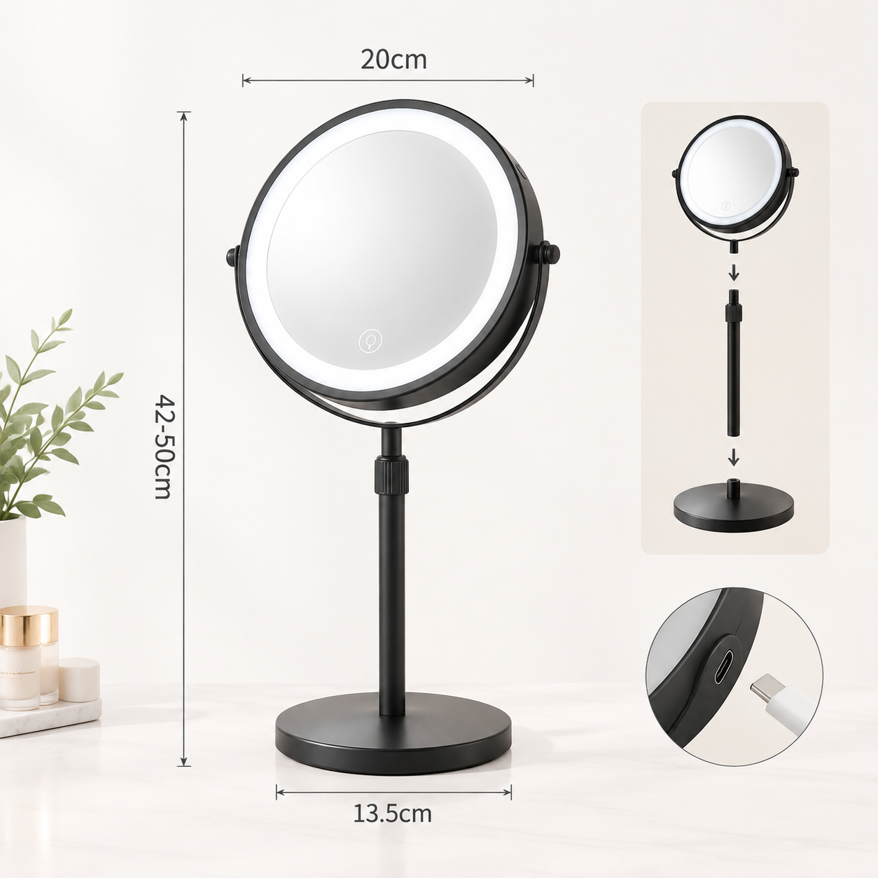 LOTTOWARE 8" Lighted Tabletop Makeup Mirror (Extendable) — product photo 1