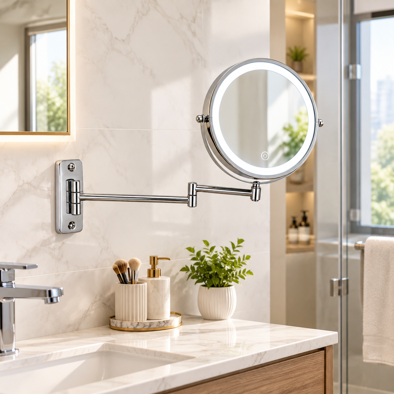 LOTTOWARE 8" Lighted Wall Mount Swing Arm Mirror (Round Base) — product photo 1