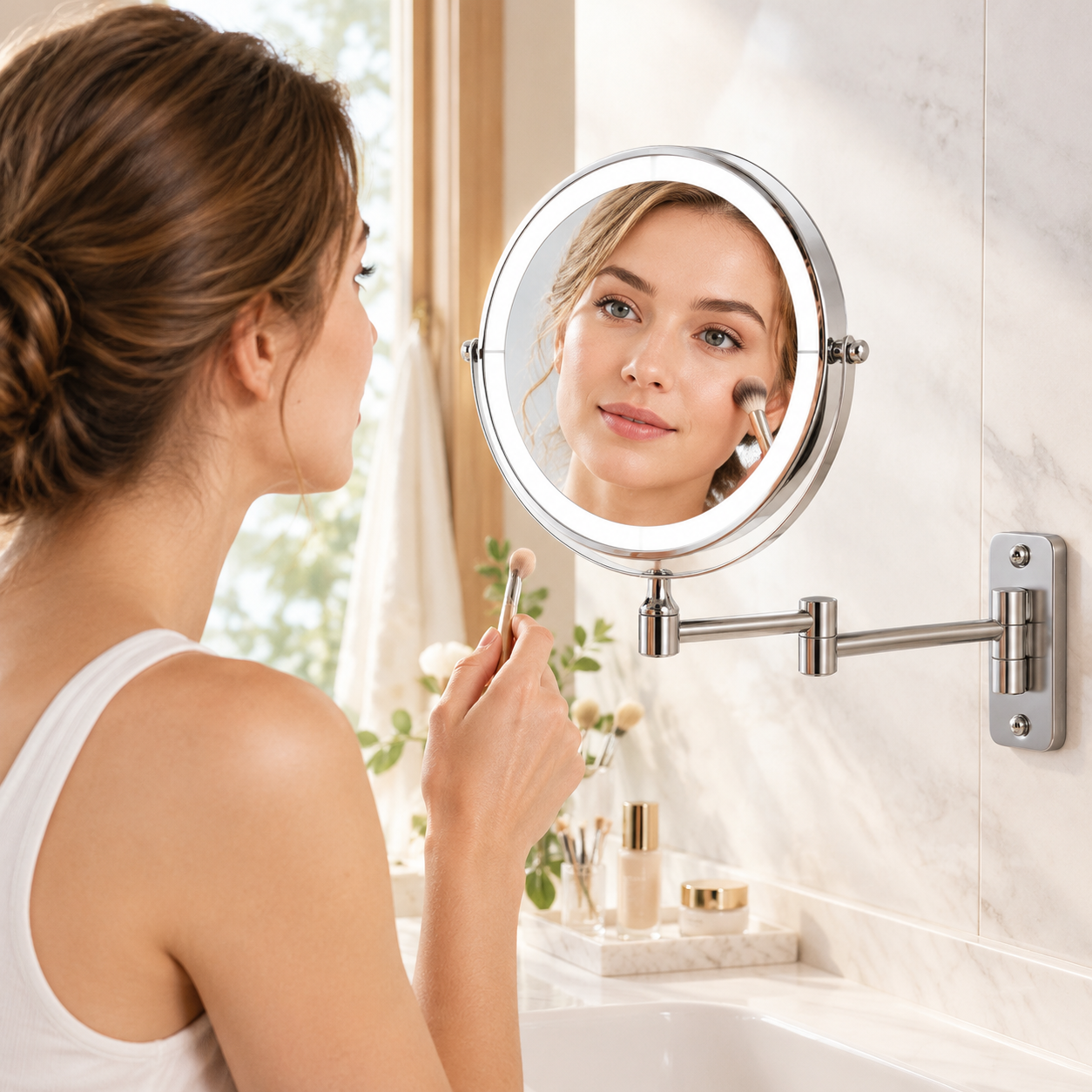 LOTTOWARE 8" Lighted Wall Mount Swing Arm Mirror (Round Base) — product photo 1
