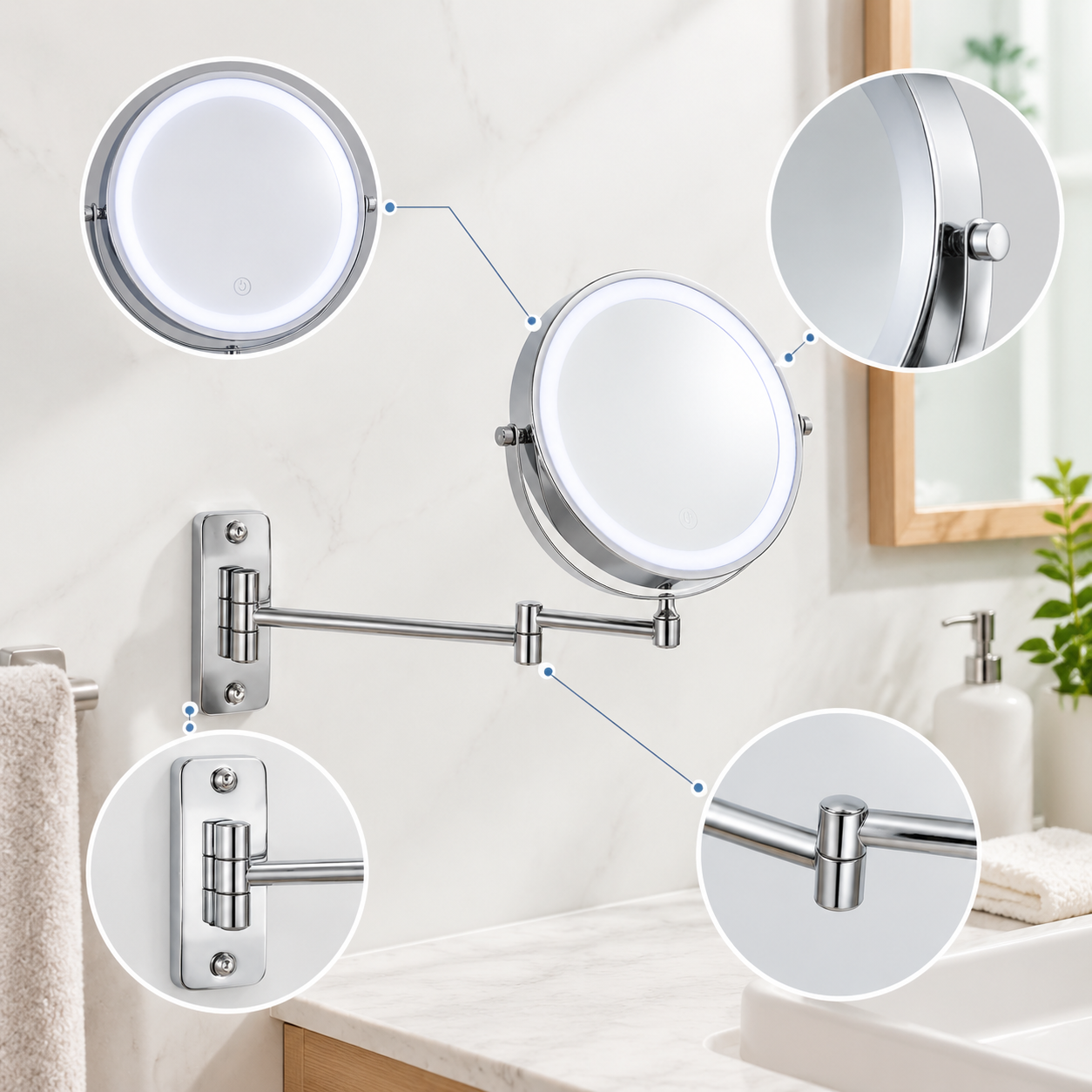 LOTTOWARE 8" Lighted Wall Mount Swing Arm Mirror (Round Base) — product photo 1