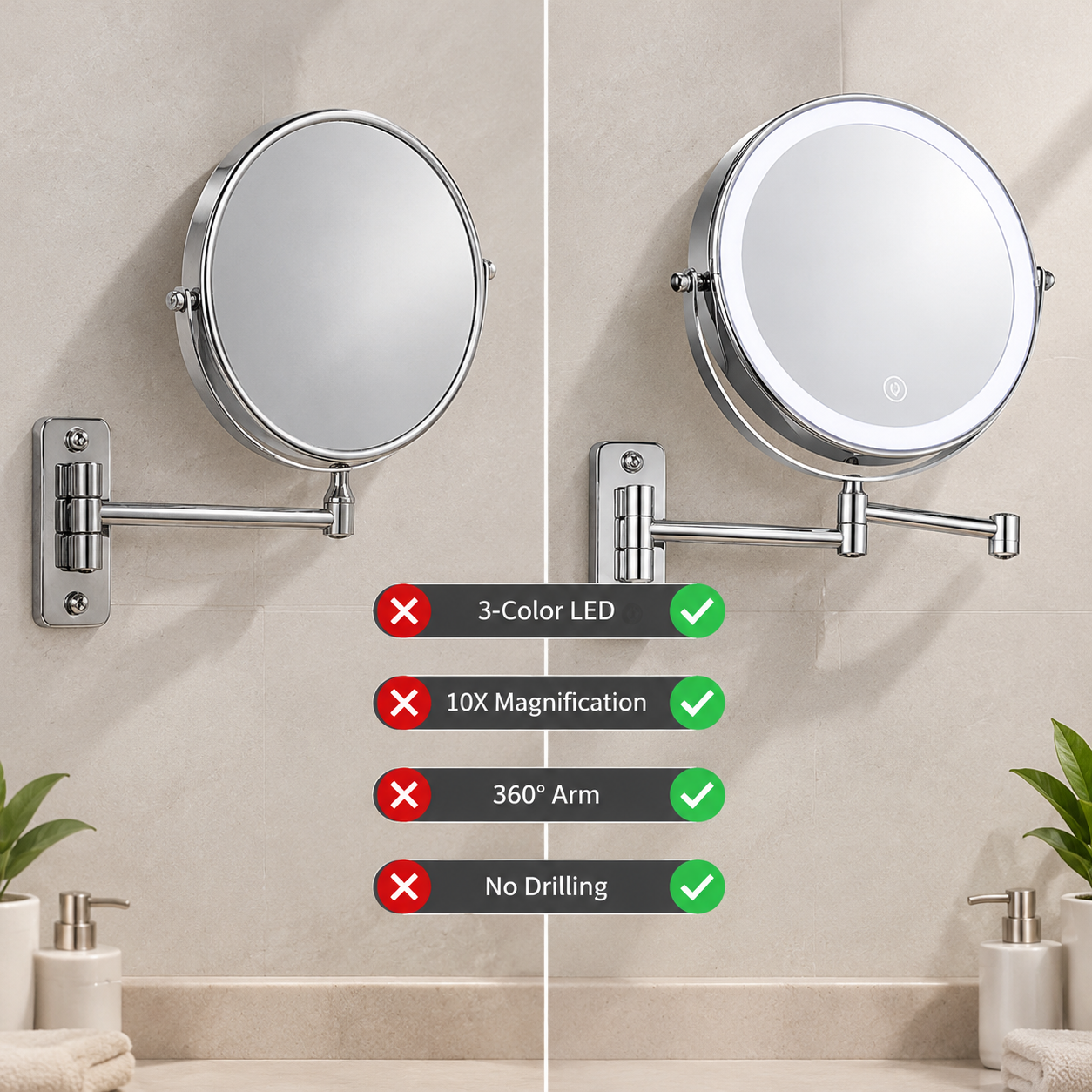 LOTTOWARE 8" Lighted Wall Mount Swing Arm Mirror (Round Base) — product photo 1