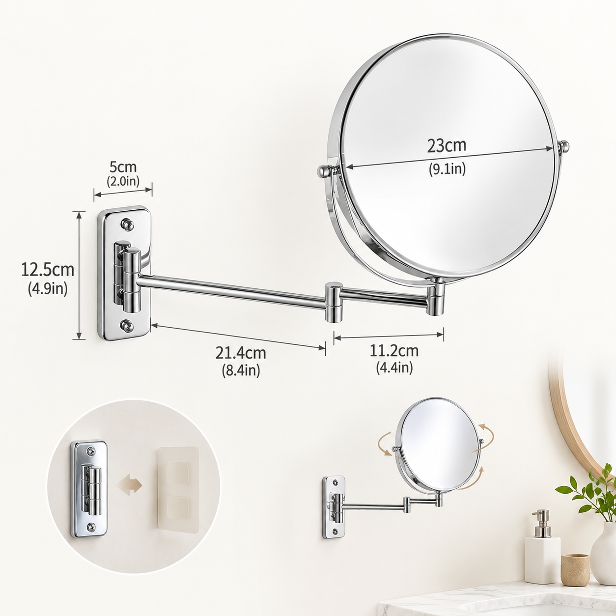 LOTTOWARE 9" Wall Mount Swing Arm Mirror — Non-Lighted — product photo 1