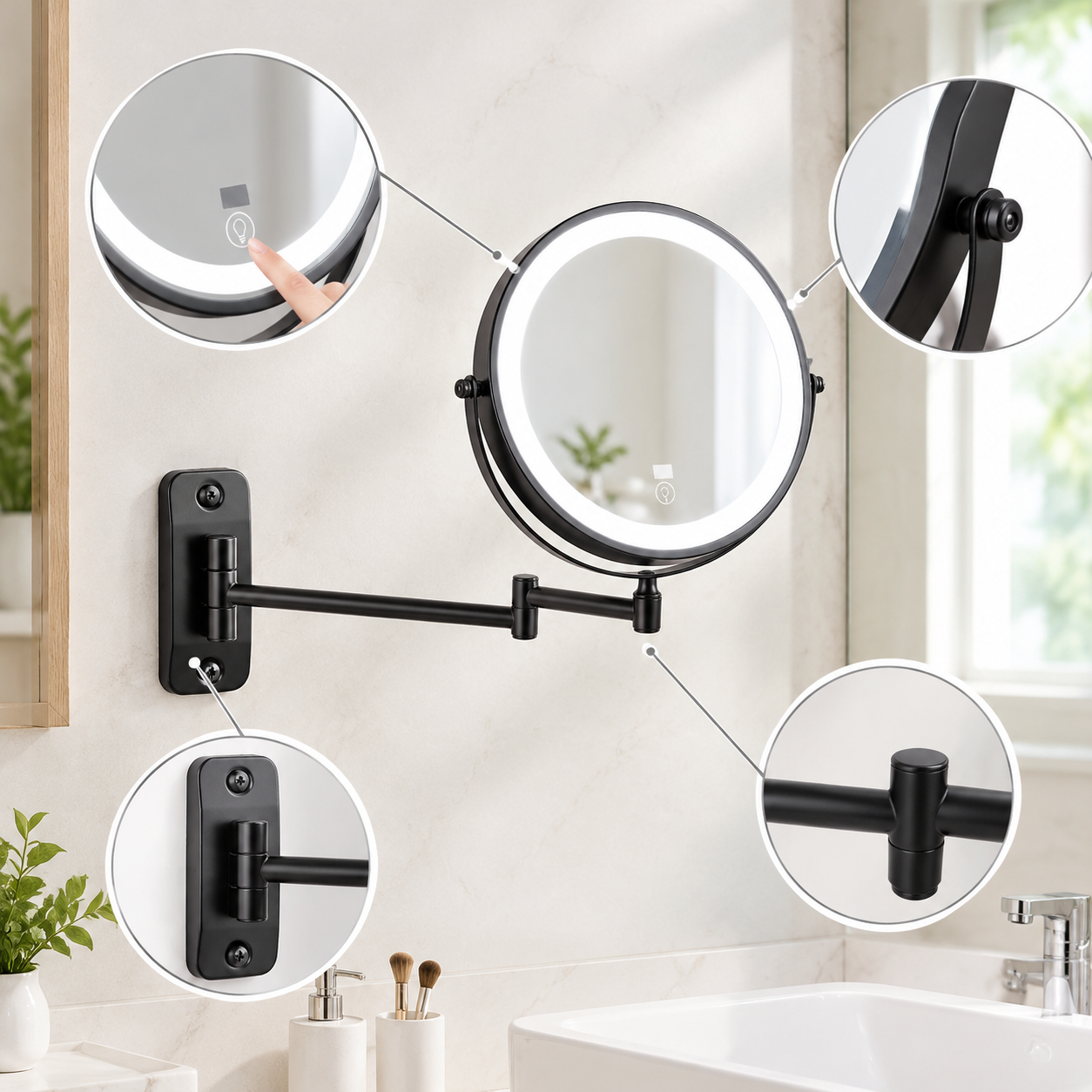 LOTTOWARE 8" Lighted Wall Mount Mirror with Digital Display (1x/10x) — product photo 1