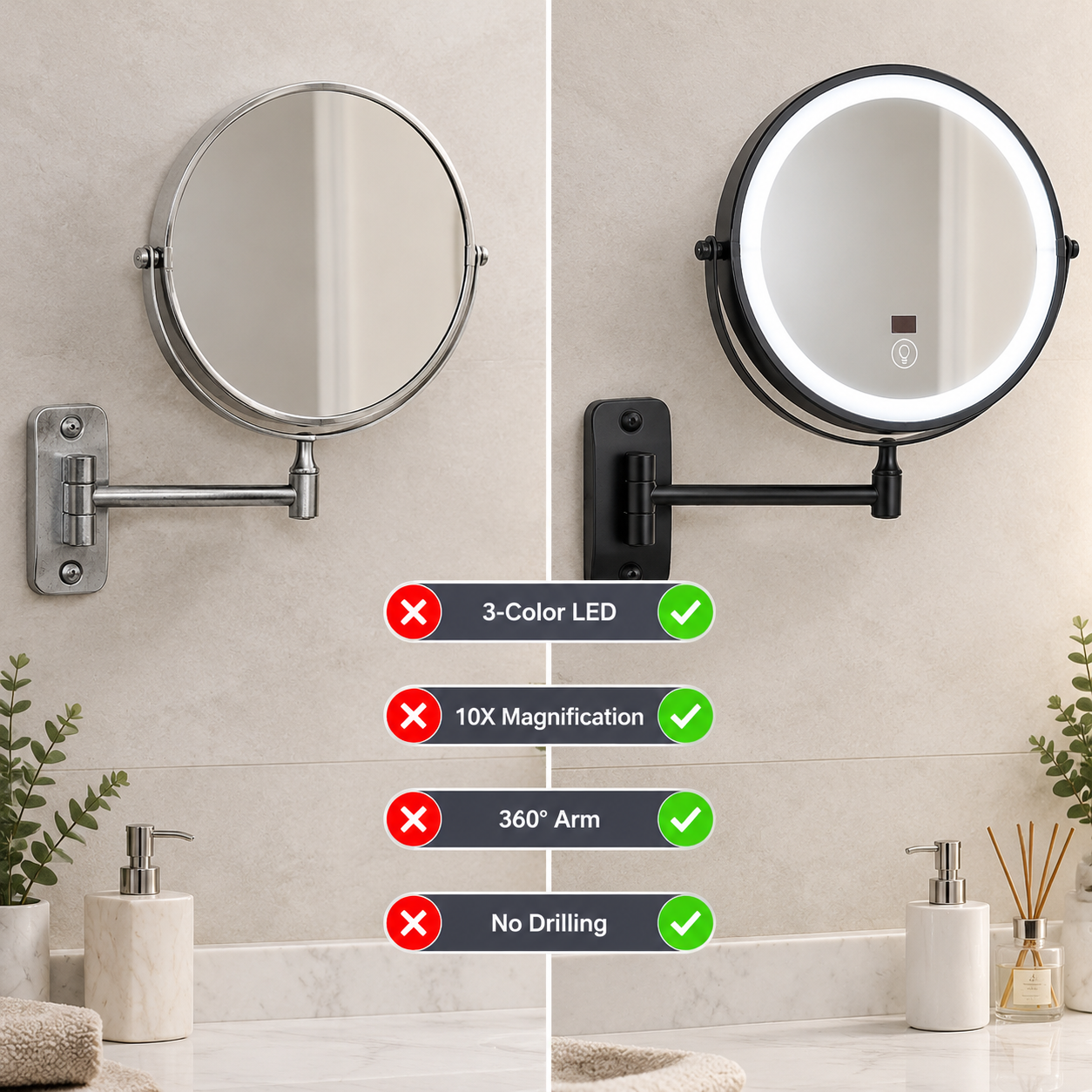LOTTOWARE 8" Lighted Wall Mount Mirror with Digital Display (1x/10x) — product photo 1