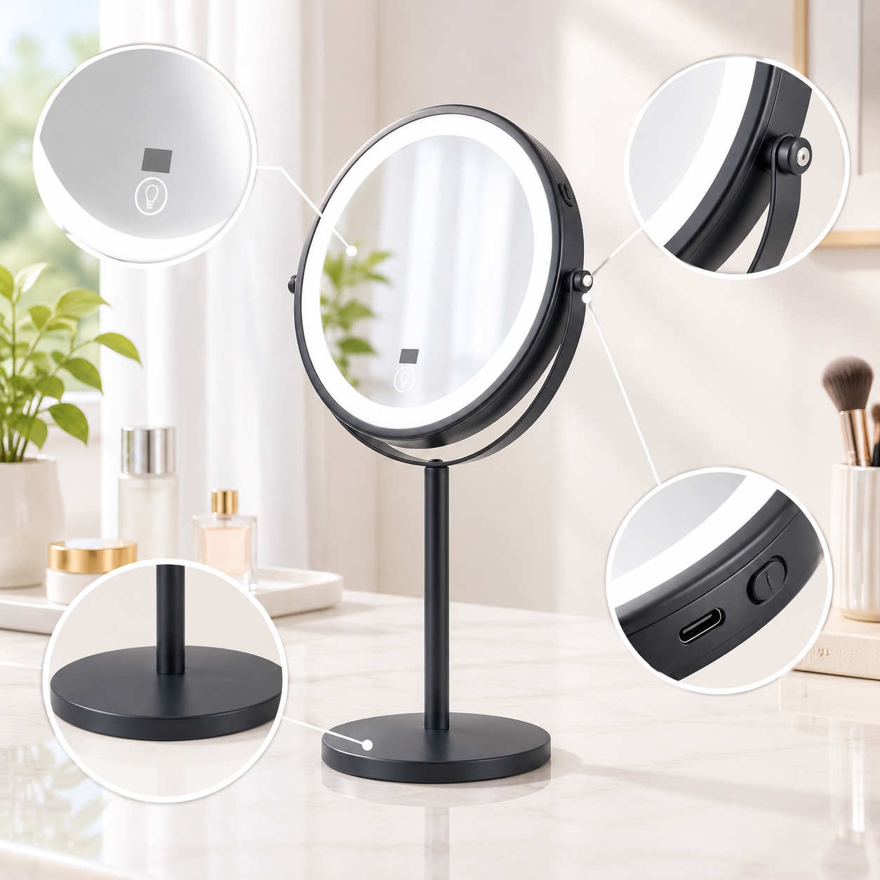 LOTTOWARE 8" Lighted Tabletop Makeup Mirror with Digital Display (1x/30x) — product photo 1