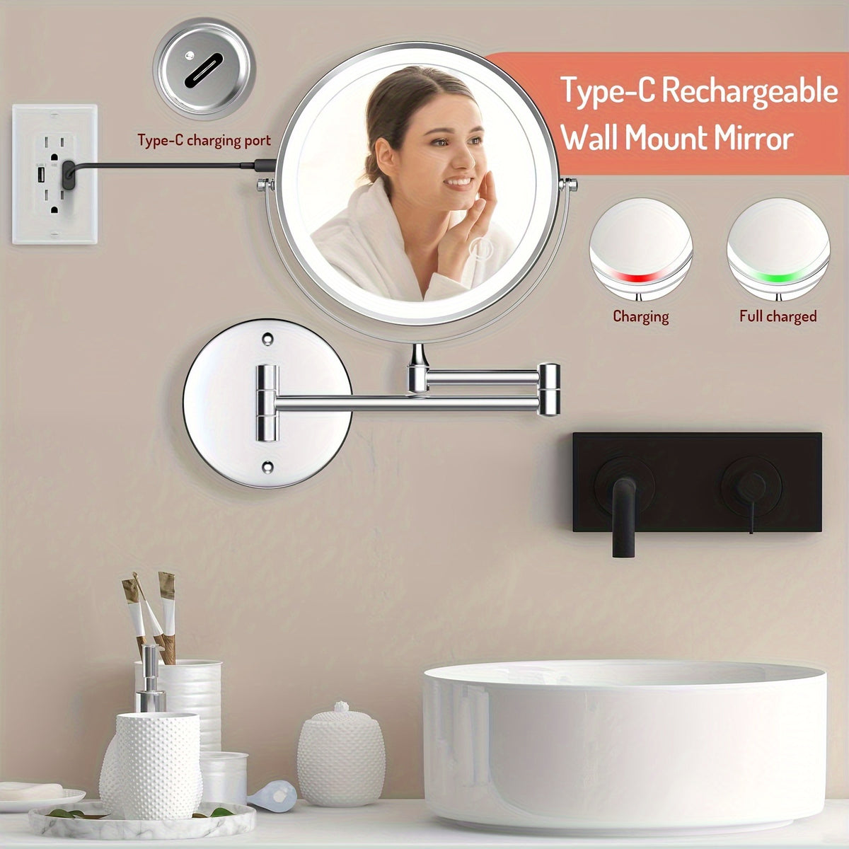 LOTTOWARE 10X 8-Inch No-Drill Rechargeable Wall-Mounted Vanity Mirror - Image 2